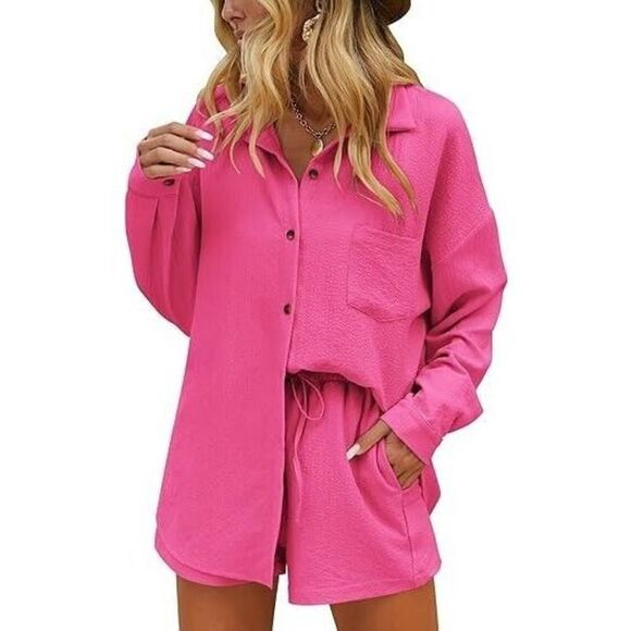 Ekouaer Womens Sz XL Hot Pink  2-Pc L/S Button Down Drawstring Shorts Lounge Set - Picture 6 of 7